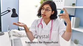  Presentation with inhaler - Presentation design consisting of young-latin-woman-wearing-doctor background and a light gray colored foreground