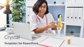  Presentation with knee - Presentation design with young-latin-woman-wearing-doctor background and a white colored foreground