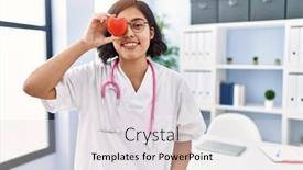  Presentation with eye doctor - Theme consisting of young-latin-woman-wearing-doctor background and a light gray colored foreground