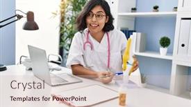  Presentation with knee - PPT layouts enhanced with young-latin-woman-wearing-doctor background and a soft green colored foreground