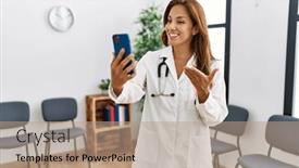  Presentation with waiting room - Presentation theme consisting of young-latin-woman-wearing-doctor background and a coral colored foreground