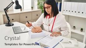  Presentation with doctor and brain - PPT layouts consisting of young-latin-woman-wearing-doctor background and a light gray colored foreground