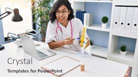  Presentation with knee - Presentation theme having young-latin-woman-wearing-doctor background and a white colored foreground