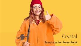  Presentation with fisher - Audience pleasing slide deck consisting of young-latin-woman-wearing-fisher backdrop and a gold colored foreground