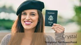  Presentation with passport - Colorful slide deck enhanced with young-latin-woman-wearing-french backdrop and a coral colored foreground