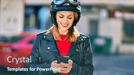  Presentation with motorcycle - PPT theme consisting of young-latin-woman-wearing-motorcycle background and a ocean colored foreground