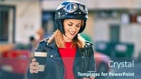  Presentation with motorcycle - Presentation theme enhanced with young-latin-woman-wearing-motorcycle background and a ocean colored foreground