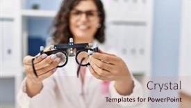  Presentation with optometrist - PPT theme enhanced with young-latin-woman-wearing-optician background and a coral colored foreground