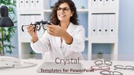  Presentation with optometrist - Presentation design having young-latin-woman-wearing-optician background and a lemonade colored foreground