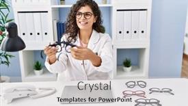  Presentation with optometrist - Presentation consisting of young-latin-woman-wearing-optician background and a light gray colored foreground
