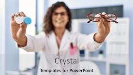  Presentation with optometrist - PPT layouts featuring young-latin-woman-wearing-optician background and a light blue colored foreground