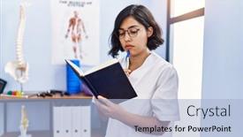  Presentation with physiotherapy - PPT layouts with young-latin-woman-wearing-physiotherapist background and a light blue colored foreground