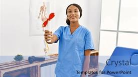  Presentation with diploma - PPT theme with young-latin-woman-wearing-physiotherapist background and a light blue colored foreground