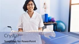  Presentation with physiotherapy - Slides having young-latin-woman-wearing-physiotherapist background and a light blue colored foreground