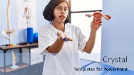  Presentation with uterus - Presentation design enhanced with young-latin-woman-wearing-physiotherapist background and a light blue colored foreground