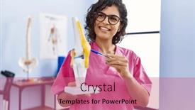  Presentation with knee - Slide set with young-latin-woman-wearing-physiotherapist background and a coral colored foreground