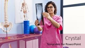  Presentation with xray - Presentation theme with young-latin-woman-wearing-physiotherapist background and a coral colored foreground