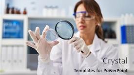  Presentation with scientist - Slide set consisting of young-latin-woman-wearing-scientist background and a light gray colored foreground