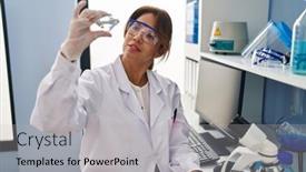  Presentation with scientist - Presentation theme enhanced with young-latin-woman-wearing-scientist background and a light gray colored foreground