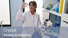  Presentation with scientist - Presentation theme having young-latin-woman-wearing-scientist background and a seafoam green colored foreground