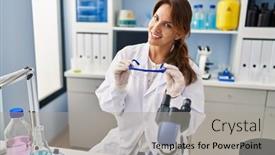  Presentation with scientist - PPT theme enhanced with young-latin-woman-wearing-scientist background and a light gray colored foreground