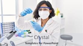  Presentation with pipette - Slide deck consisting of young-latin-woman-wearing-scientist background and a sky blue colored foreground