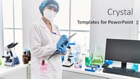  Presentation with scientist - Slide deck having young-latin-woman-wearing-scientist background and a white colored foreground