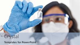  Presentation with medical vaccine - PPT layouts having young-latin-woman-wearing-scientist background and a light blue colored foreground