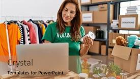  Presentation with canned food - Theme consisting of young-latin-woman-wearing-volunteer background and a coral colored foreground