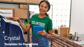  Presentation with charity - Slide deck consisting of young-latin-woman-wearing-volunteer background and a ocean colored foreground