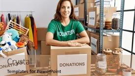 Presentation with charity - PPT theme consisting of young-latin-woman-wearing-volunteer background and a coral colored foreground