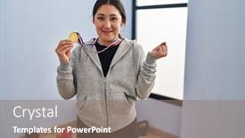  Presentation with medal - Presentation design with young-latin-woman-wearing-winner background and a coral colored foreground