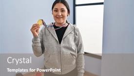  Presentation with medal - PPT theme enhanced with young-latin-woman-wearing-winner background and a gray colored foreground