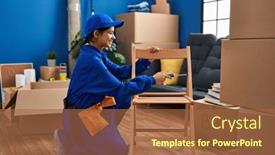  Presentation with new home - Presentation theme having young-latin-woman-worker-repairing background and a red colored foreground