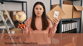  Presentation with problem world - Presentation theme with young-latin-woman-working background and a coral colored foreground