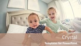  Presentation with diverse children - Theme having young laughing and playful diverse children playing together at home background and a coral colored foreground