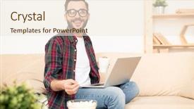  Presentation with pink home office - Presentation theme consisting of young laughing home office manager background and a sky blue colored foreground