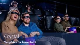  Presentation with popcorn movie - Beautiful presentation theme featuring young-laughing-man-and-woman backdrop and a ocean colored foreground