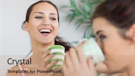  Presentation with coffee recipe - Beautiful PPT theme featuring young laughing woman having coffee backdrop and a  colored foreground
