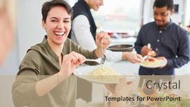  Presentation with pasta sauce - Slide deck with young-laughing-woman-serves-pasta background and a coral colored foreground