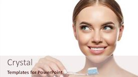  Presentation with toothpaste - Presentation theme with young laughing woman with great stunning snow-white teeth girl with a healthy smile with a brush toothpaste and floss background and a lemonade colored foreground