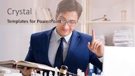  Presentation with lawyer - Presentation theme featuring young-lawyer-playing-chess background and a soft green colored foreground