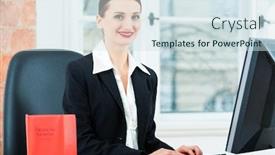  Presentation with lawyer - Theme having young lawyer working in her office she is sitting behind folders writing into a file background and a sky blue colored foreground