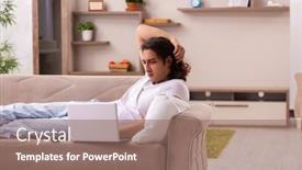  Presentation with concept - Colorful slide deck enhanced with young-lazy-man-in-oversleeping backdrop and a coral colored foreground