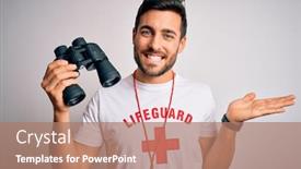  Presentation with whistle - Cool new PPT theme with young-lifeguard-man-with-beard backdrop and a coral colored foreground