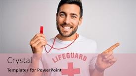  Presentation with lifeguard - Cool new presentation theme with young-lifeguard-man-with-beard backdrop and a coral colored foreground