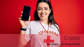 Presentation with lifeguard - Presentation with young-lifeguard-woman-showing-smartphone background and a red colored foreground