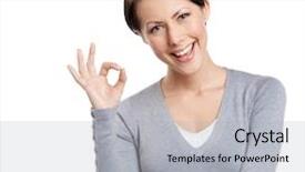  Presentation with stage shows - Presentation theme consisting of young lighthearted girl shows okay gesture isolated on white background and a light gray colored foreground