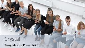  Presentation with business training - PPT theme having young-listeners-of-business-training background and a light blue colored foreground