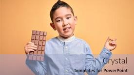  Presentation with chocolate dessert - Audience pleasing theme consisting of young-little-boy-kid-eating backdrop and a light blue colored foreground